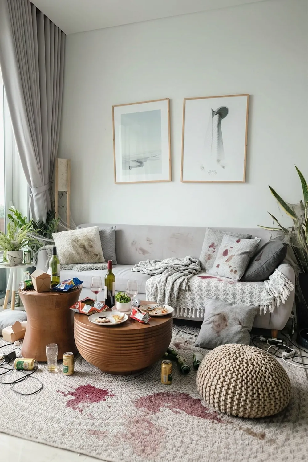 Messy living room after a gathering — spilled wine stains, bottles, cans, and scattered items