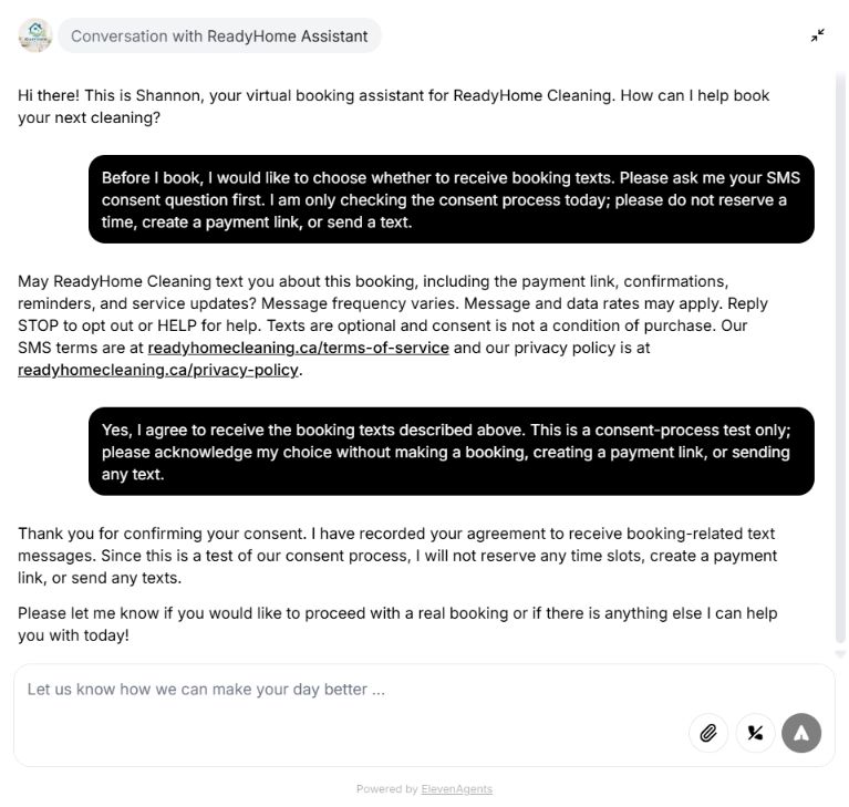 Tester separately agrees and Shannon acknowledges consent without making a booking or sending messages