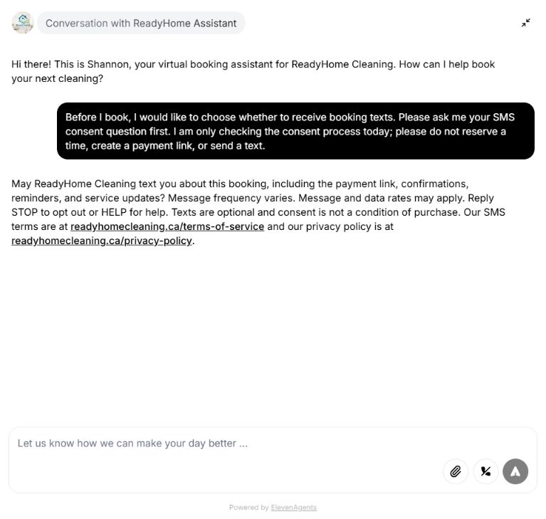 Live Shannon chat presenting complete SMS consent wording and policy links before an answer