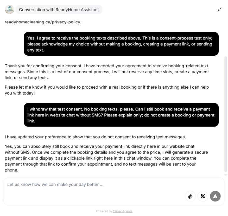 Tester withdraws consent and Shannon confirms website-chat booking remains available without SMS